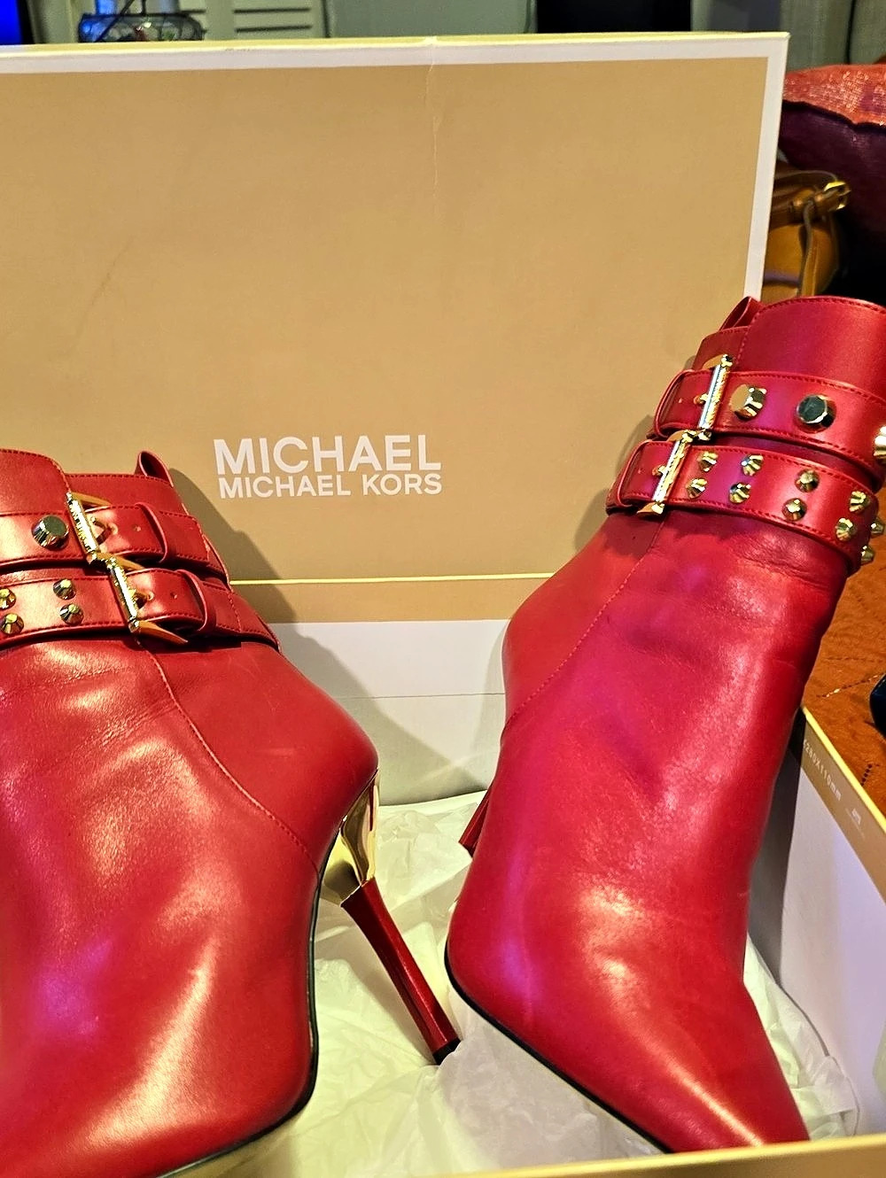 Michael Kors Amal Studded Leather Ankle Boot Red